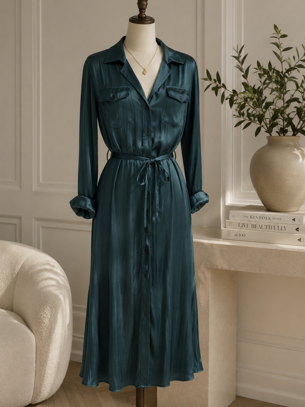 Nine West Teal Satin Shirt Dress with Waist Tie